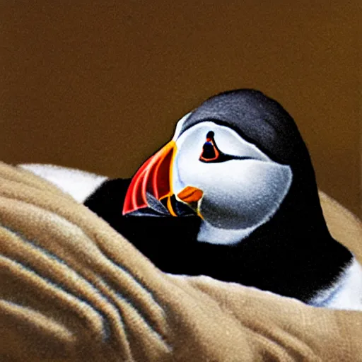 Image similar to puffin in a bed