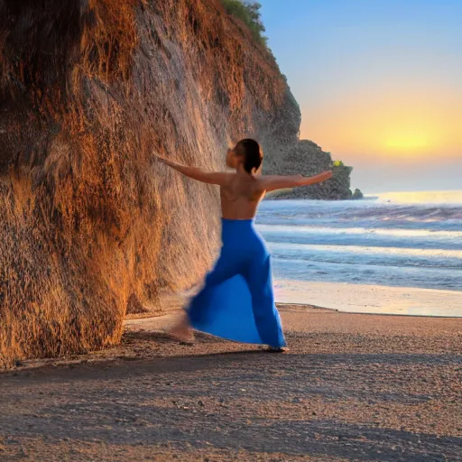 Prompt: a woman facing a blue portal on the street, which shows a beach at sunset