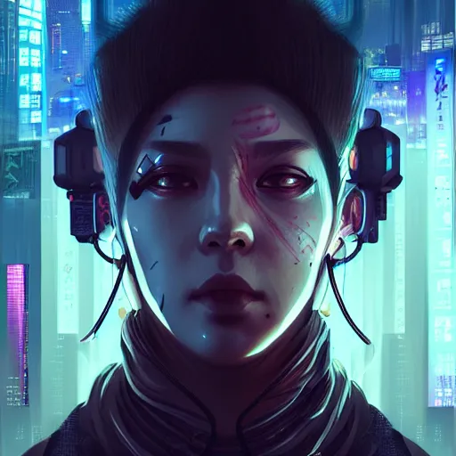 Prompt: portrait of a fierce dangerous cyberpunk hacker android samurai in neotokyo at night, futuristic cyberpunk tokyo night, sci - fi and fantasy, intricate and very beautiful, highly detailed, digital painting, artstation, concept art, smooth and sharp focus, illustration, art by tian zi and wlop and alphonse mucha