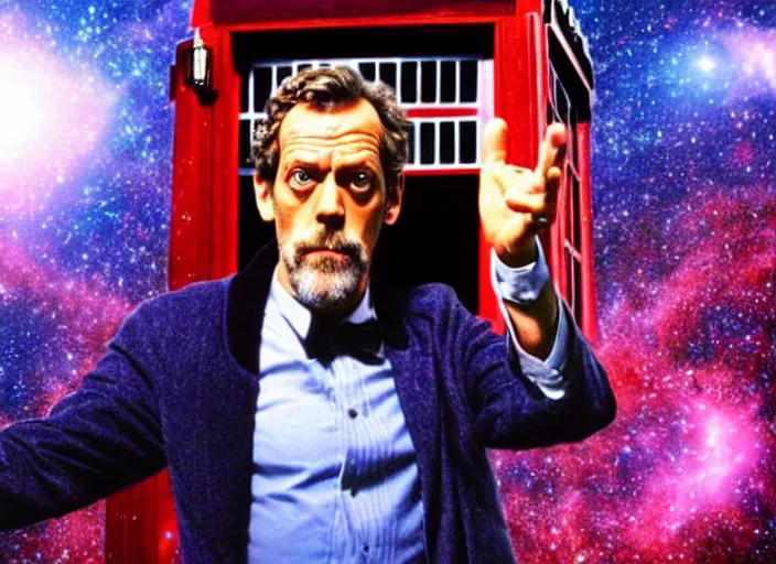 Image similar to product photo still of vhs cover of hugh laurie as doctor who in front of a nebula through the open door of the tardis on a vhs box