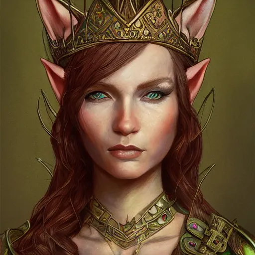 Prompt: portrait of an elf queen, D&D, fantasy, highly detailed, digital painting, artstation, concept art, smooth, sharp focus, illustration, art by Annie Leibovitz and Marta Dahlig