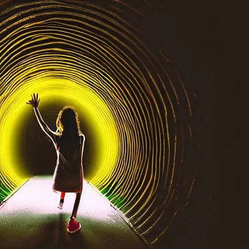 Prompt: woman on an acid trip through a tunnel, neon volumetric lights,