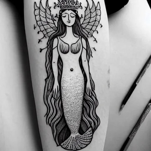 Image similar to a peaceful meditative mermaid wearing a crown, full body, highly detailed new school tattoo design