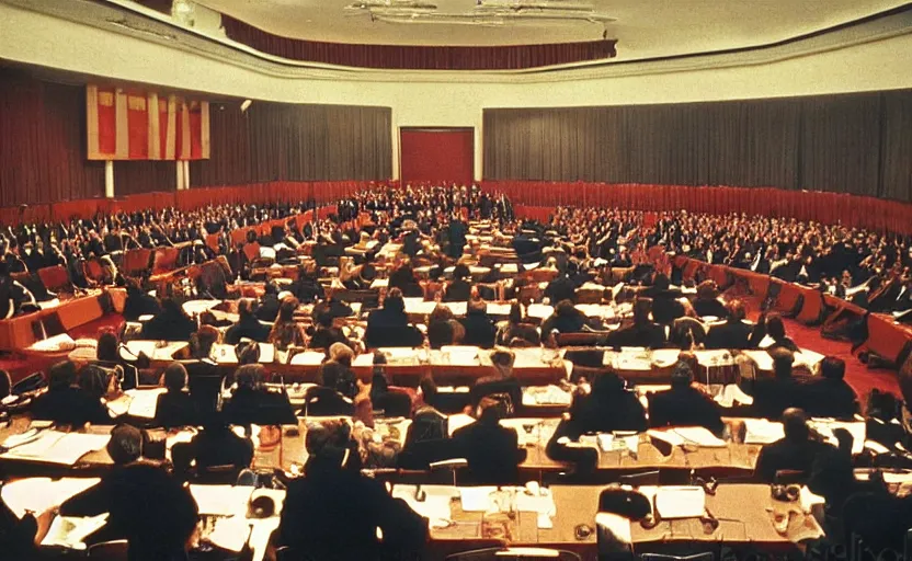 Prompt: 60s movie still of a CCCP congress in a stanilist style parlement, by Irving Penn , cinestill 800t 35mm eastmancolor, heavy grainy picture, very detailed, high quality, 4k, HD criterion, precise texture