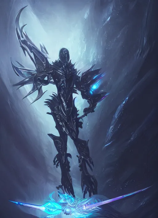 Image similar to dark seraphim knight in light armor wielding a magical lance slaying a sky beast full body silhouette. dark water, cyberpunk pearl armor, futuristic fantasy, highly detailed, digital painting, trending on artstation, concept art, sharp focus, illustration, art by artgerm and nixeu and greg rutkowski and magali villeneuve.