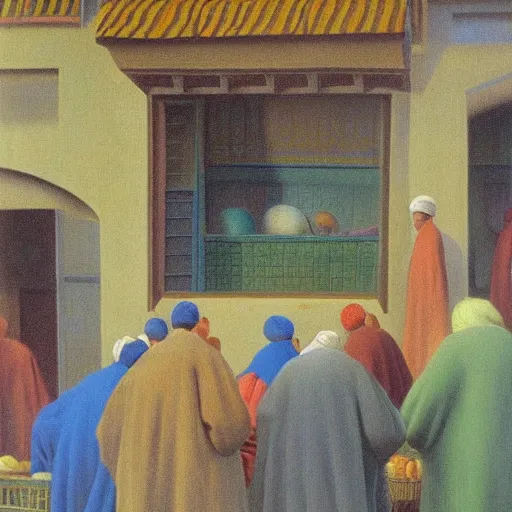 Image similar to market in old samarkand, pastel painting, by rene magritte