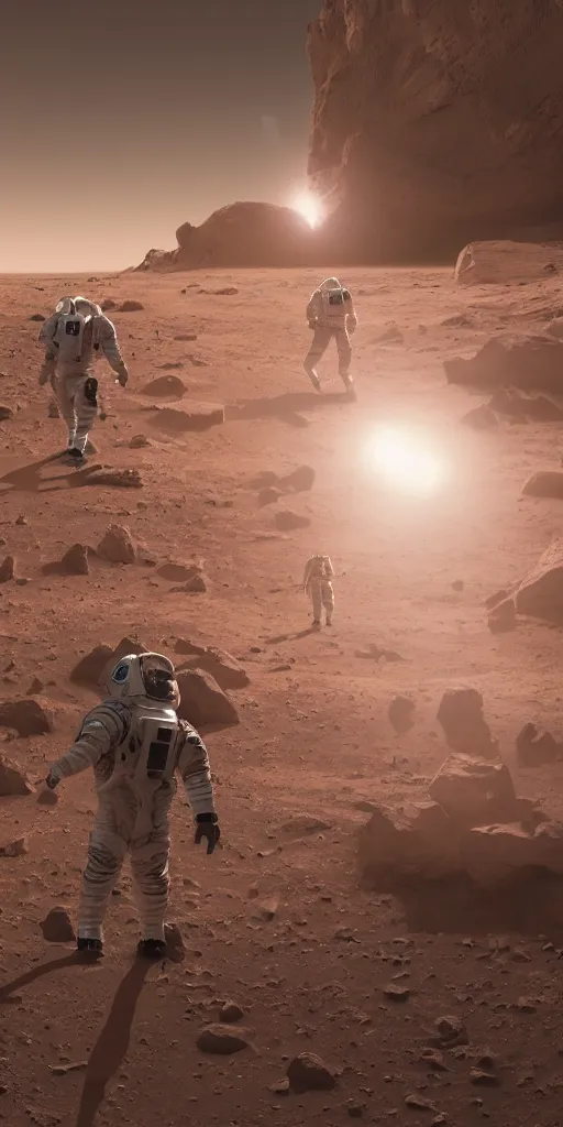 Image similar to concept art, american astronauts in the distance + new lightweight spacesuit landing on mars, musk's mars migration program, cyberpunk, backlight, epic, high detail, 8 k, octane rendering, unreal engine.