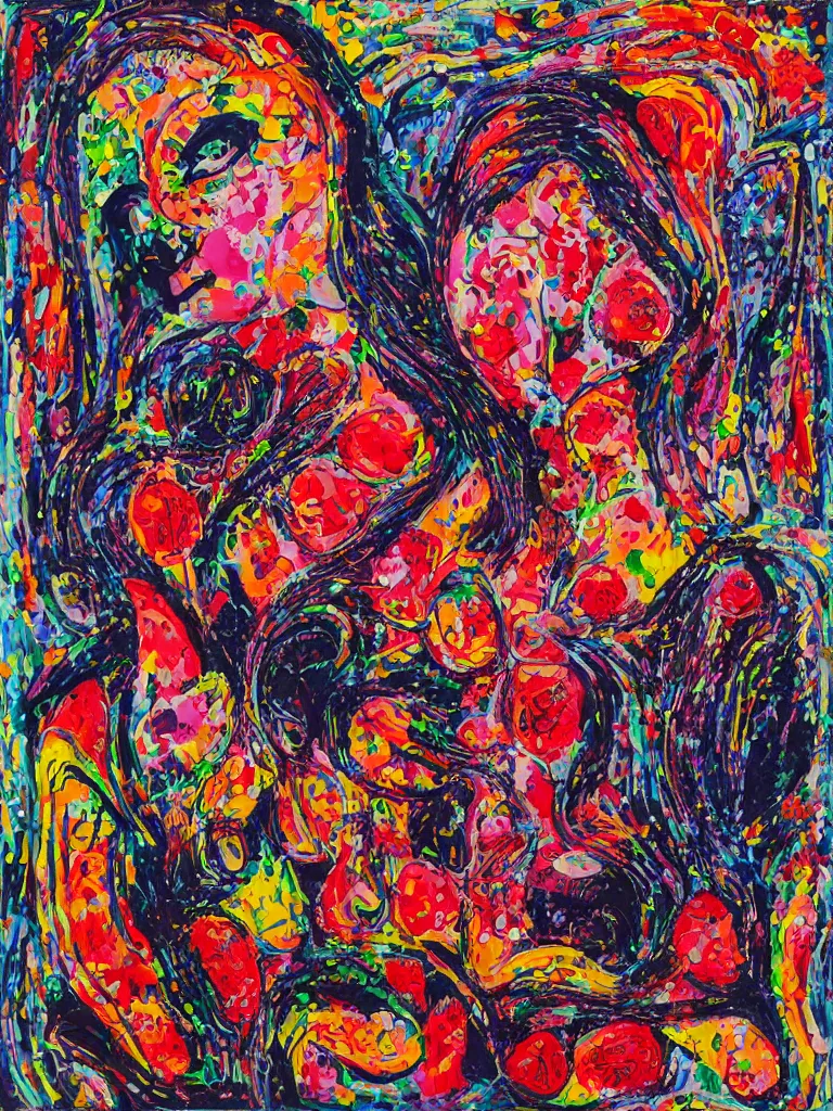 Prompt: “art in an Australian artist’s apartment, organic, portrait of a woman wearing white cotton cloth, neoexpressionist, eating luscious fresh raspberries and strawberries and blueberries, edible flowers, black background, aboriginal Dreamtime, Eora, Gadigal, intricate, bold colour, acrylic and spray paint and wax and oilstick on canvas”