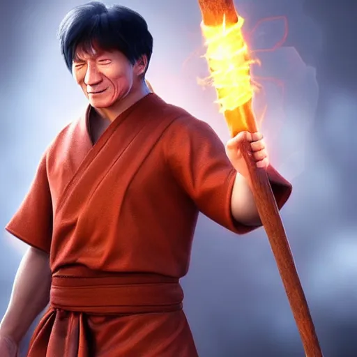 Prompt: Jackie Chan wearing a monks tunic holding a glowing fire magical staff. Trending on Artstation, octane render, ultra detailed, art by Ross tran