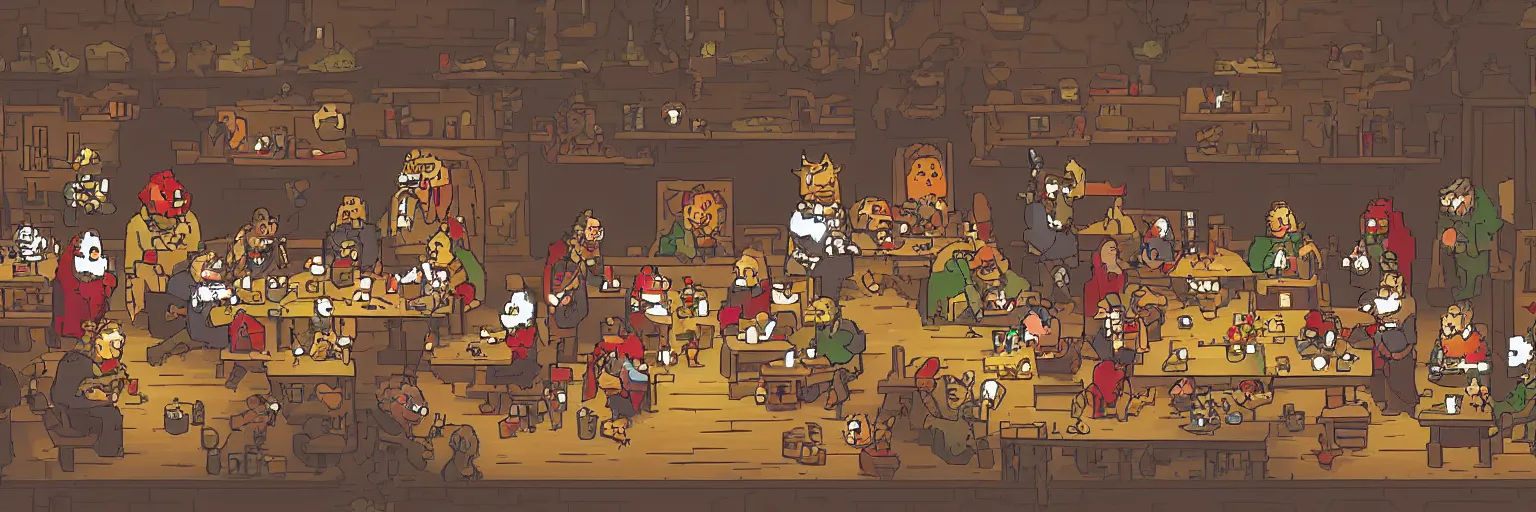 Image similar to panorama pixel art magic tavern with devils and angels eating and drinking, high detail