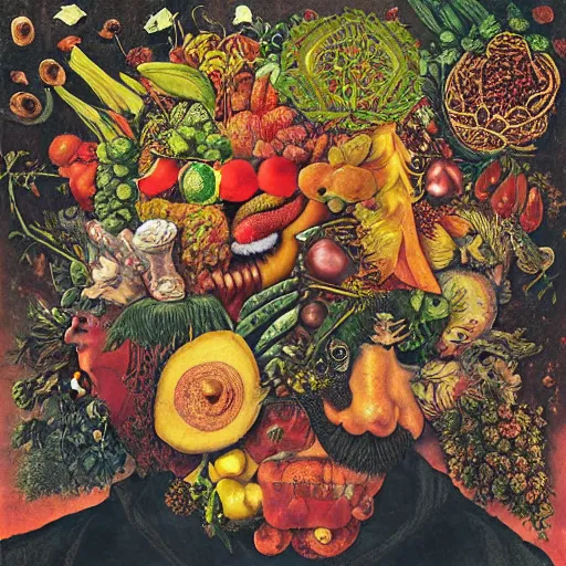 Prompt: katzkab album cover, psychedelic, giuseppe arcimboldo