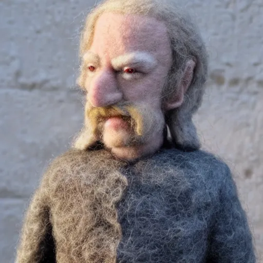 Prompt: needle felted king theoden from the return of the king (2003), highly detailed, tilt shift, eerie!, hyperrealism, highly textured, god rays