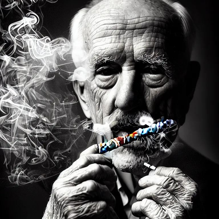 Prompt: a intricately detailed portrait of an old man, smoking a lit perfectly symmetrical cuban cigar, looking at a case of freshly opened monti cristo cigars, cinematic photography, smoke rising like clouds, beautifully symmetrical, super resolution, cgi, trending on art station, volumetric lighting & shadows, hyper detailed, 8 k, unreal engine, canon 2 0 0 mm,