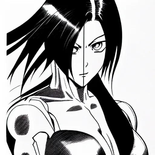 Prompt: alita by yukito kishiro. medium shot. black and white manga. pencil drawing.