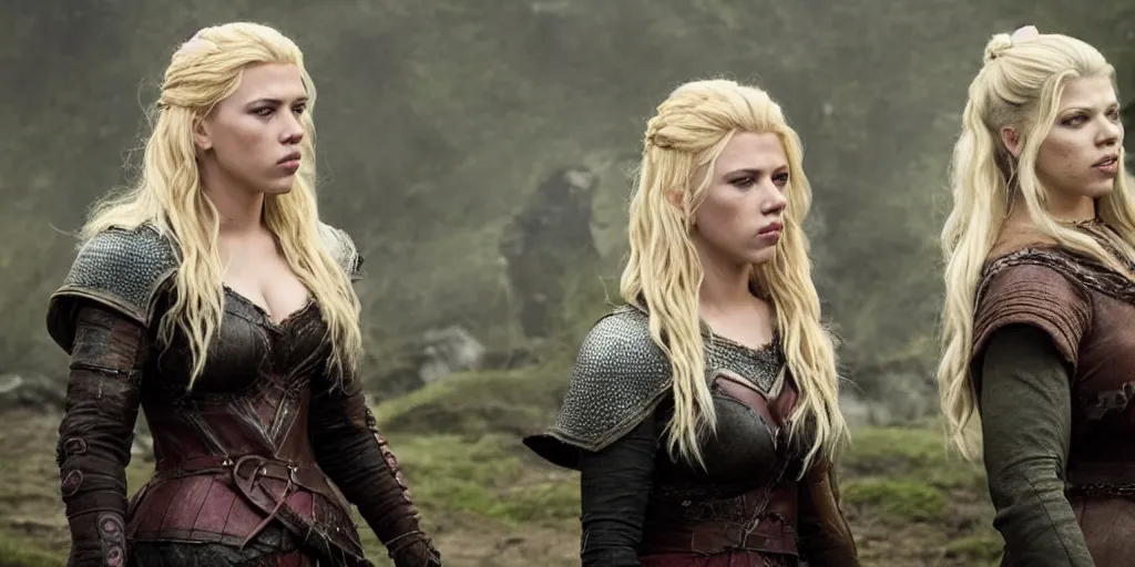 Image similar to Scarlett Johansson and Katheryn Winnick, with a scar and white hair, in the TV series Vikings