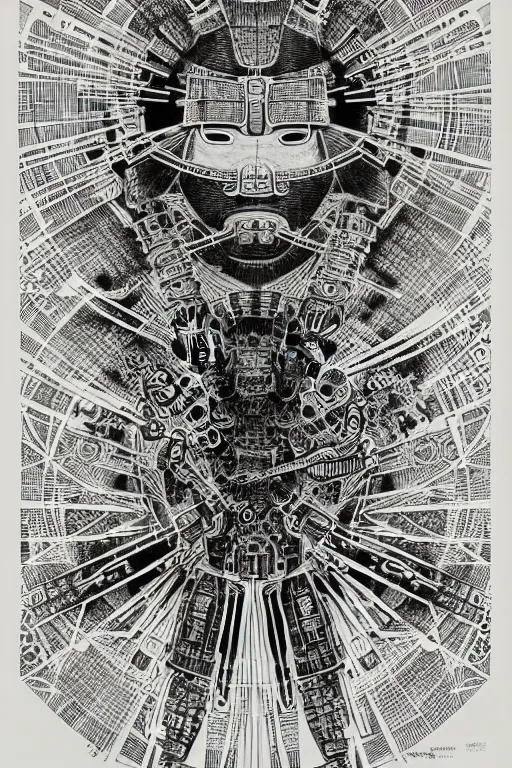 Image similar to a black and white drawing of an ancient future japanese temple samurai, bioluminescence, a detailed mixed media collage by hiroki tsukuda and eduardo paolozzi and ernst haeckel, intricate linework, sketchbook psychedelic doodle comic drawing, geometric, street art, polycount, deconstructivism, matte drawing, academic art, constructivism