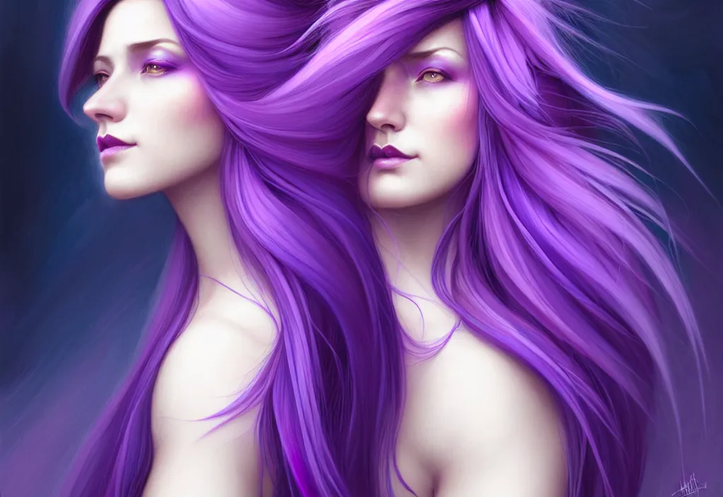 Image similar to Purple hair relistic Portrait of a two woman with bright colored flying hair, all shades of purple. Beauty face, Hair coloring, fantasy, intricate, elegant, highly detailed, digital painting, artstation, concept art, smooth, sharp focus, illustration, art by artgerm and greg rutkowski and alphonse mucha