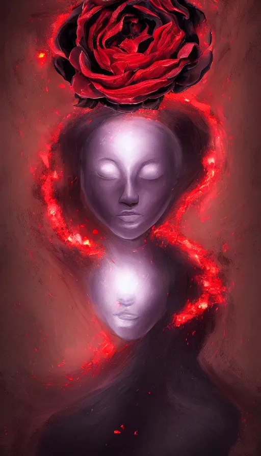 Prompt: 'Portrait of Beautiful faceless female elemental made of black fire, looking sideways, with no face, with red halo glowing out of her wrists, growing out of a giant rose, rose petals flying in the wind, fantasy, d&d, tragic, tense, digital painting, artstation, indieground, concept art, sharp focus, by Annie Swynnerton and Nicholas Roerich, madness combat, strong dramatic cinematic lighting , blood red sky, grey skin, smooth, sharp focus, extremely detailed, illustration, art by greg rutkowski, dave kendal, Godmachine, alphonse mucha''