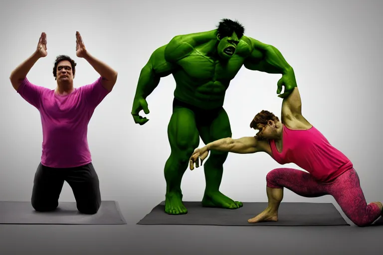 Prompt: the hulk and shrek doing yoga poses in the morning - produced in surreal sweatshop under fluorescent dominion, advanced, photorealistic, realistic, dramatic lighting, fantastic reality, by michelangelo, 8 k resolution