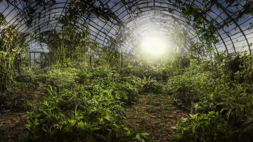 Prompt: exploring an abandoned overgrown greenhouse, at night with full moon, hyperrealistic, ambient lighting highly detailed, 4 k hd