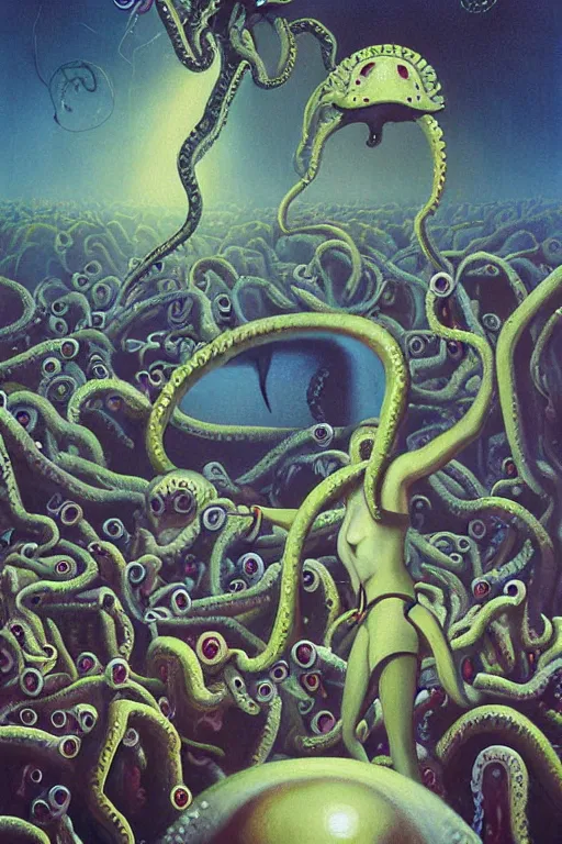 Prompt: a painting of a group of people standing around cheering on fighting, tentacled alien babies, a surrealist painting by clark voorhees, cg society, pop surrealism, lovecraftian, cosmic horror, surrealist, poster art