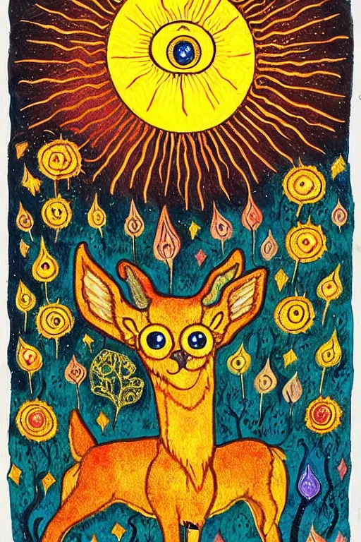 Prompt: tiny golden deer glowing eyes and sun ray mane holding lit matches and singing, children's book illustration, traditional folk art style, gouache on paper, outsider art, David Palladini, Mu Pan, Carson Ellis, Julia Sarda, tarot card, Henry Darger, Louis Wain