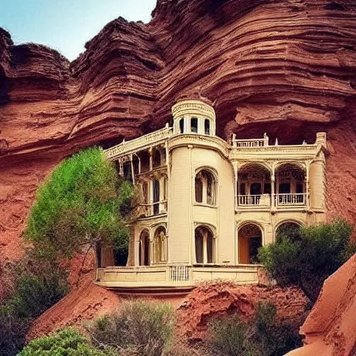 Image similar to a large, victorian mansion covered in sand in a canyon. surreal, dream like.