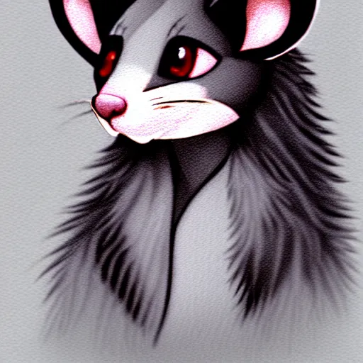 Image similar to headshot of young fursona female mouse, healthcliff style, cute, fantasy, intricate, long hair, dark grey skin, mouse face, furry mouse, dark skin, mouse head, mouse ears, black hair, elegant, cartoony, furry Deviantart art of the day, furry character, character art, smooth, sharp focus, illustration, art by adoptables