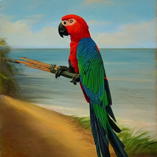 Prompt: A parrot carrying a Sceptre over the ocean, sunny day, closup