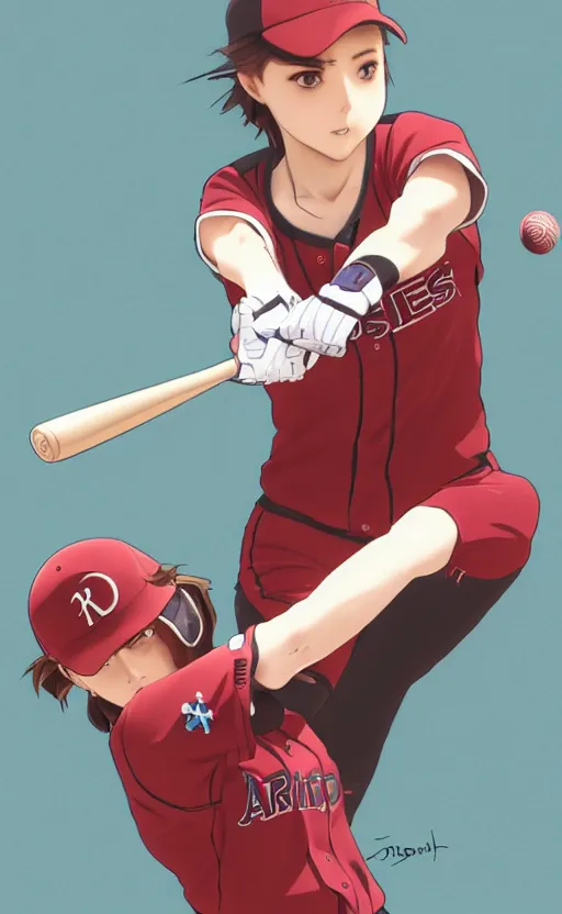 Image similar to anime style, female baseball player, red sport clothing, launching a straight ball, brown short hair, hair down, symmetrical facial features, from arknights, hyper realistic, rule of thirds, extreme detail, 4 k drawing, safebooru, realistic lighting, by alphonse mucha, greg rutkowski, sharp focus, backlit