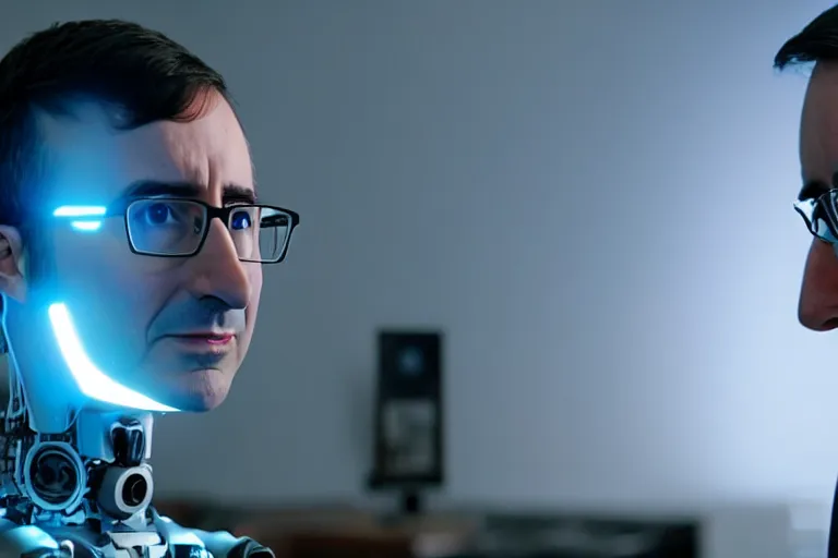 Prompt: vfx film closeup, john oliver interviewing a robot, flat color profile low - key lighting award winning photography arri alexa cinematography, hyper real photorealistic cinematic, atmospheric cool colorgrade