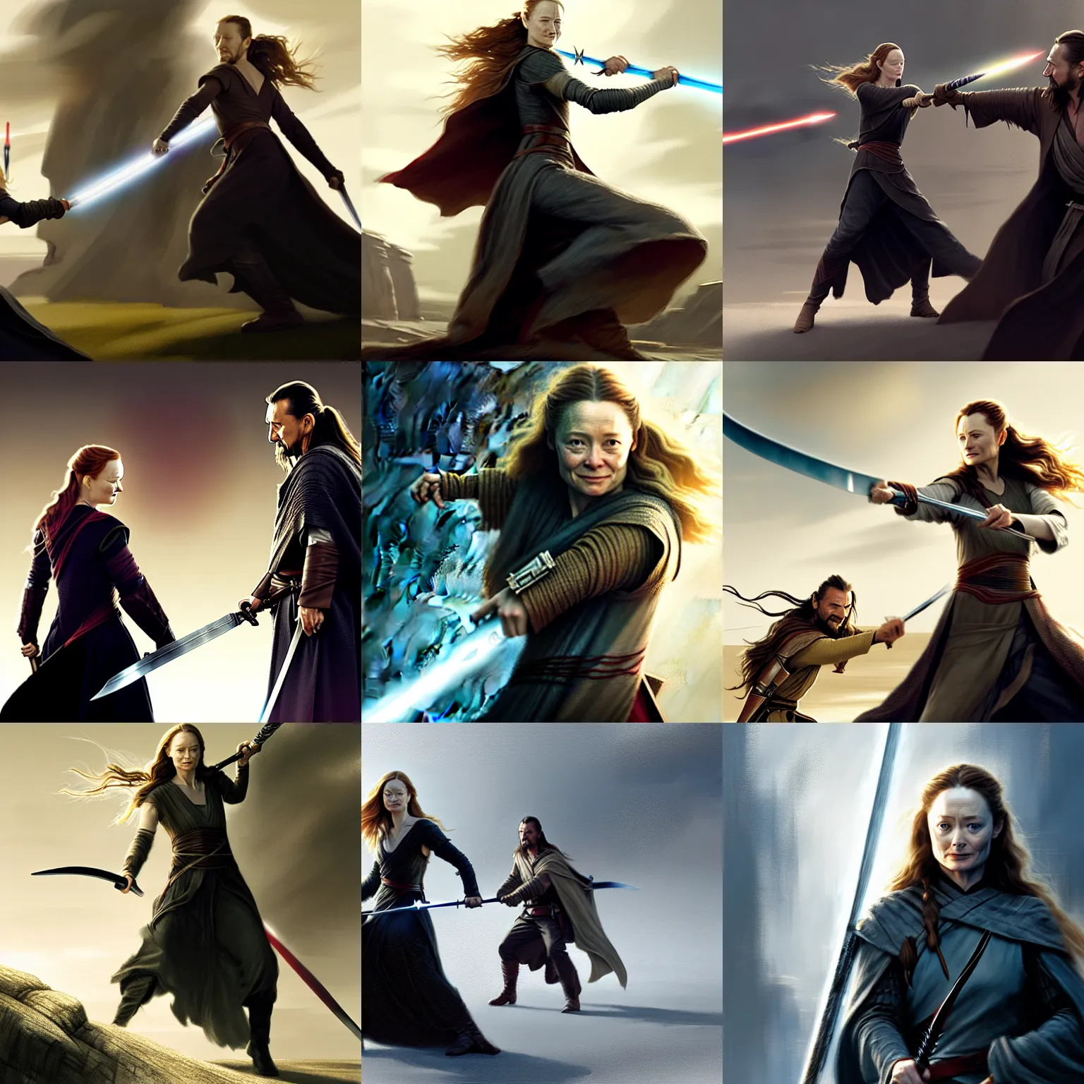 Prompt: miranda otto / eowyn swinging a sword at liam neeson / qui - gon jinn, digital art by greg rutkowski