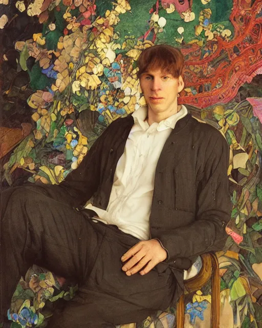 Prompt: nick bostrom, portrait painting by richard schmid, edgar maxence, kehinde wiley, thomas moran, maxfield parrish, studio ghibli, loish, alphonse mucha, fashion photography