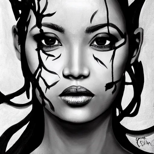 Image similar to god as a woman, black and white painting except her eyes are brown, award winning, beautiful esthetics