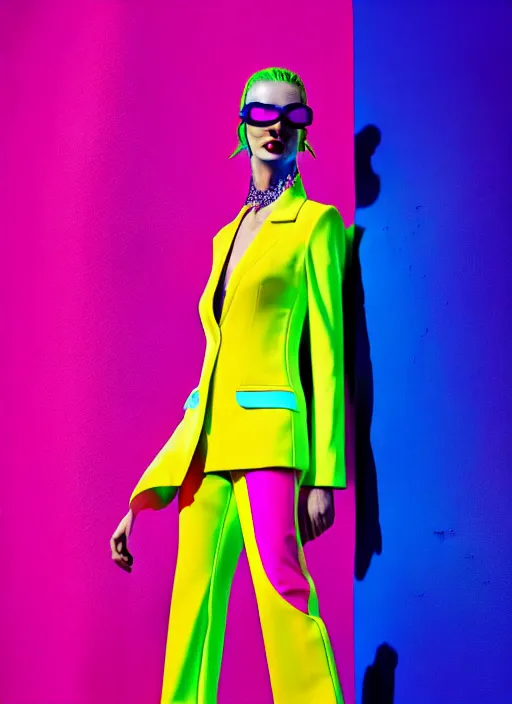 Image similar to bright trouser suit for a rave, bright colors, many details, prints, photo for a magazine, photo for a store, fashion photography, Vogue, 135 mm, cinematic, hyper realism, high detail, 8k, Two models in the frame, dynamic pose,Smooth skin, perfect face