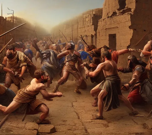 Prompt: an epic matte painting of podcasters fighting in the streets of an ancient city during the bronze age collapse, soft lighting, very coherent, oil on canvas in the style of John grimshaw,