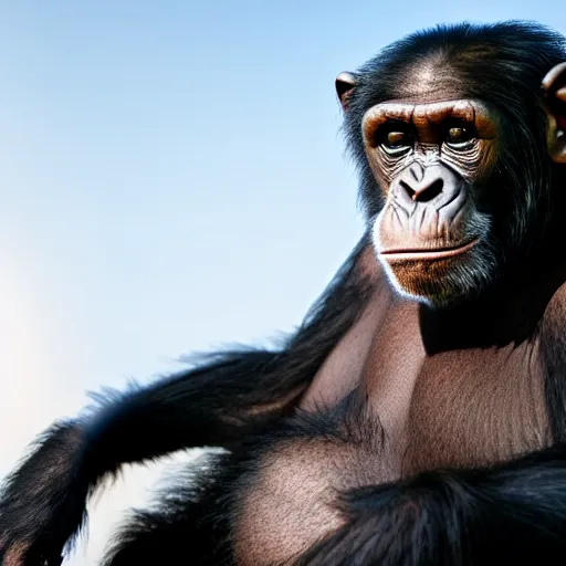 Prompt: high quality 8 k landscape photo of a smiling happy and wise chimpanzee wearing cool dark sunglasses looking up, ultra wide lens picture, detailed picture, cinematic composition, cinematic lighting, by edgar wright and david lynch