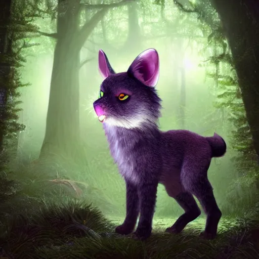 Image similar to a cute furry creature with long ears standing in a forest, big glowing eyes, fantasy, mark ryden, concept render, cinematic lighting