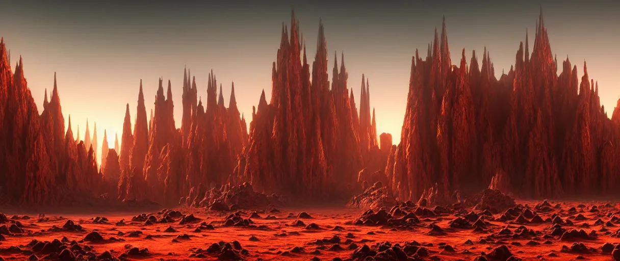 Image similar to hyperrealistic hyper detailed sunrise shot of neo-gothic monastery on mars surrounded by giant blue trees matte painting concept art maciej kuciara gustave courbet very cinematic orange lighting high angle hd 8k sharp shallow depth of field