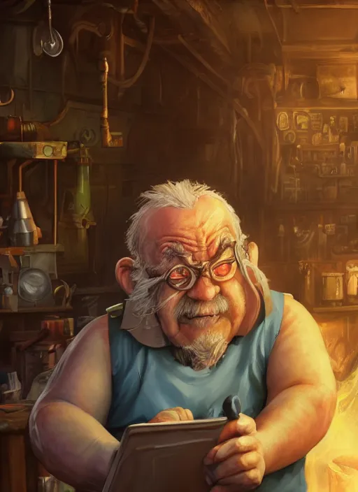 Prompt: An epic fantasy comic book style portrait painting of a an old tinker fat man working on a device in her workshop, unreal 5, DAZ, hyperrealistic, octane render, cosplay, RPG portrait, dynamic lighting