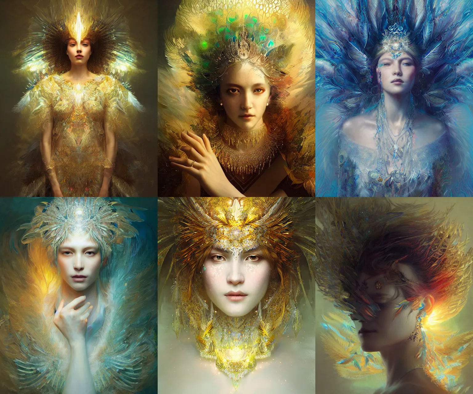 Prompt: portrait of queen of light, feathers, fractals, jewelry, emissive, volumetric lights, by ruan jia and wlop and karol bak