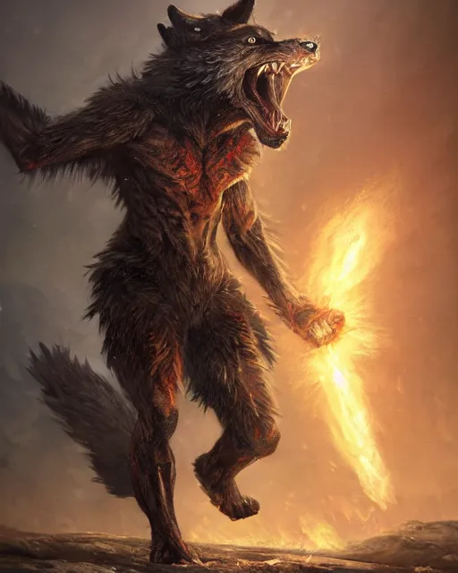 Image similar to oil painting of Angry Anthropomorphized Wolf Berserker, wearing clothes, claws, sharp focus, attack pose, fantasy style, octane render, volumetric lighting, 8k high definition, by greg rutkowski, highly detailed, trending on art Station, magic the gathering artwork, burning Battlefield background, centered