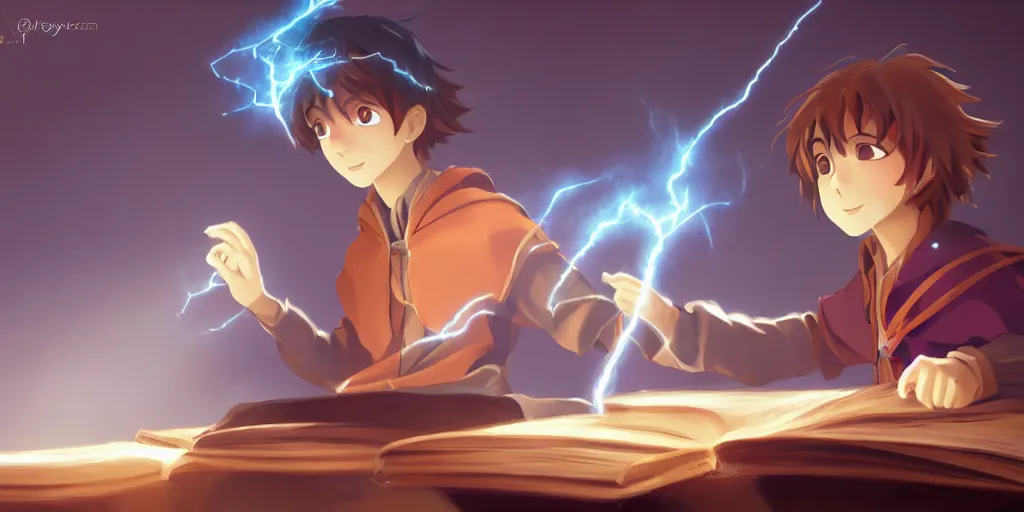 Prompt: a young boy mage with a brown cloak and brown hair is standing at his desk working on a new spell, colorful, flowing energy, light rays, anime boy, boy, consistent face, anime boy face, medium shot, waist up, pixar and disney animation, sharp, concept art, highly detailed, trending on artstation, bloom, dramatic lighting, cinematic