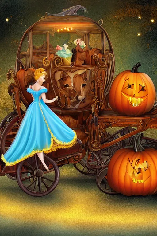 Image similar to beautiful mystical digital painting cinderella and horsedrawn pumpkin carriiage by argerm