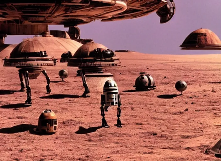 Image similar to screenshot of a wide shot of tropical planet Imperial Probe Droids from star wars, the 1970s film by Stanley Kubrick, attacking Han Solo, iconic scene, stunning cinematography, hyper-detailed, crisp, anamorphic lenses, kodak color film stock, 4k, stunning