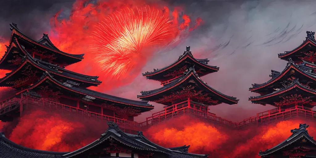 Image similar to Stunning Portrait of A Red dragon flying above a Feudal Japan temple during a fire works festival at night by Kim Jung Gi, Blizzard Concept Art Studio Ghibli. oil paint. 4k. by brom, Intense fireworks by Ross Tran, Greg Rutkowski, Mark Arian, soft render, octane, highly detailed painting, artstation