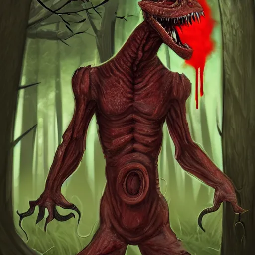 Image similar to big butcher anthropomorphic male lizardfolk posing scarily, scary angry pose, bloody, covered in blood, fresh kill, cleaver, in a forest, earie setting, lovecraft, eldritch, horror, hyperdetailed, furaffinity, furry art