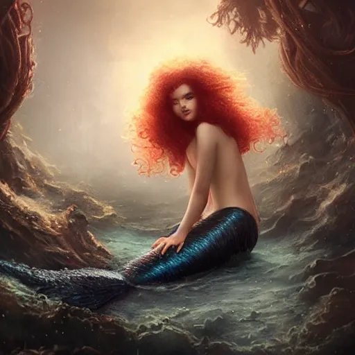 Prompt: beautiful mermaid with curly hair, magical details, magical atmosphere, cinematic lighting, hyper - detailed, cgsociety, 3 - d 8 k, high resolution, in the style of charlie bowater, tom bagshaw, alexis franklin, elena masci, pawel rebisz