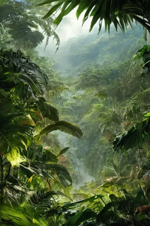 Image similar to a giant plant in the exotic jungle, landscape, alex ross, giga, david finch, concept art, matte painting, highly detailed, rule of thirds, dynamic lighting, cinematic, detailed, denoised, centerd