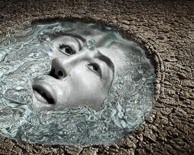 Image similar to water art manipulation of a realistic human head coming out of the ground, surreal, hyper realistic, ray tracing, realistic water, sharp focus, 8 k resolution, cinematic